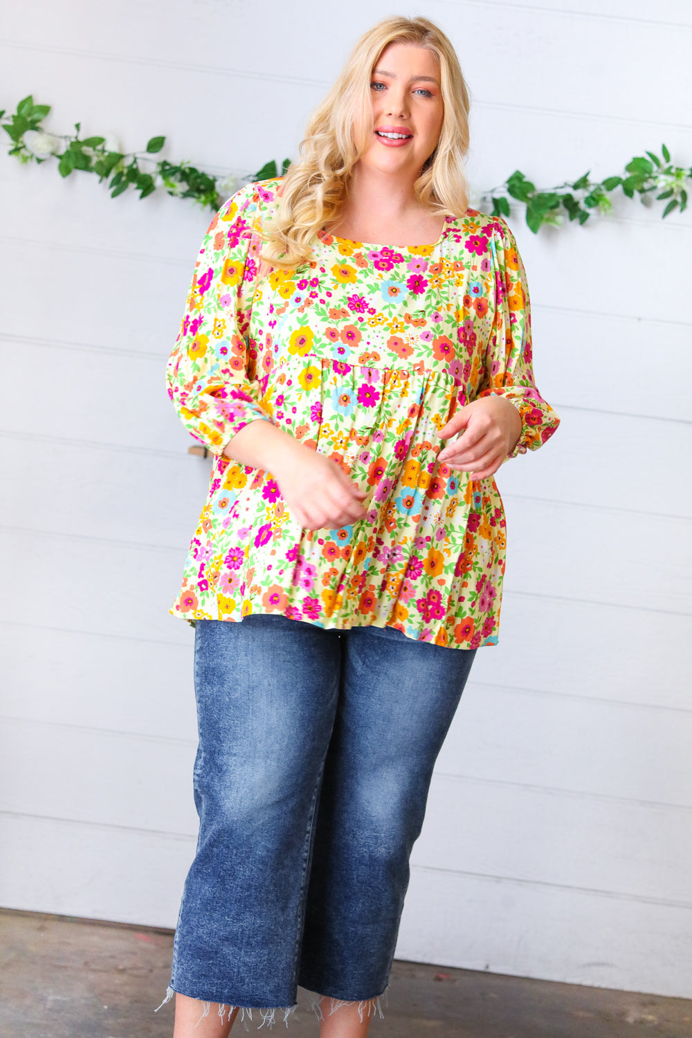 Daffodil Square Neck Peplum Floral Challis Woven Top