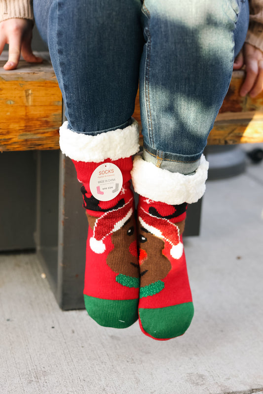 Red Reindeer Sherpa Traction Bottom Slipper Socks