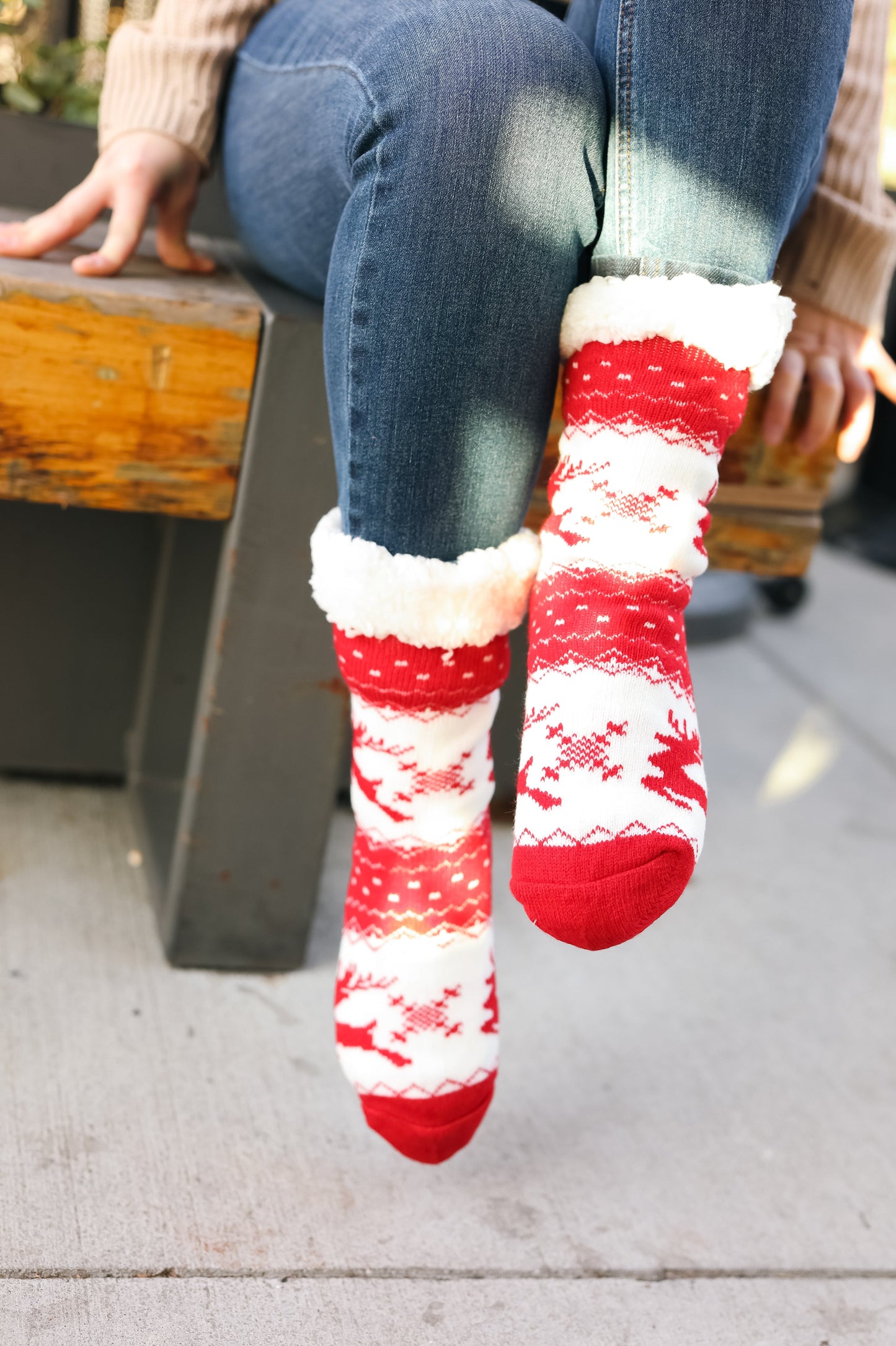 Red Holiday Reindeer Sherpa Traction Bottom Slipper Socks