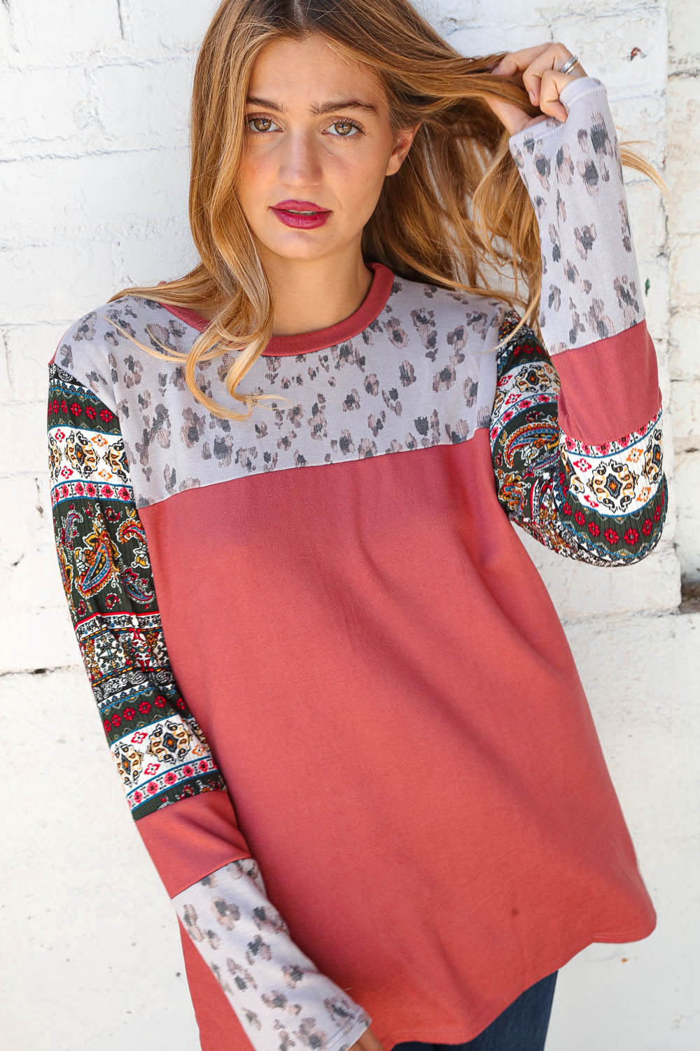 Ethnic Leopard Print Rib Color Block Top