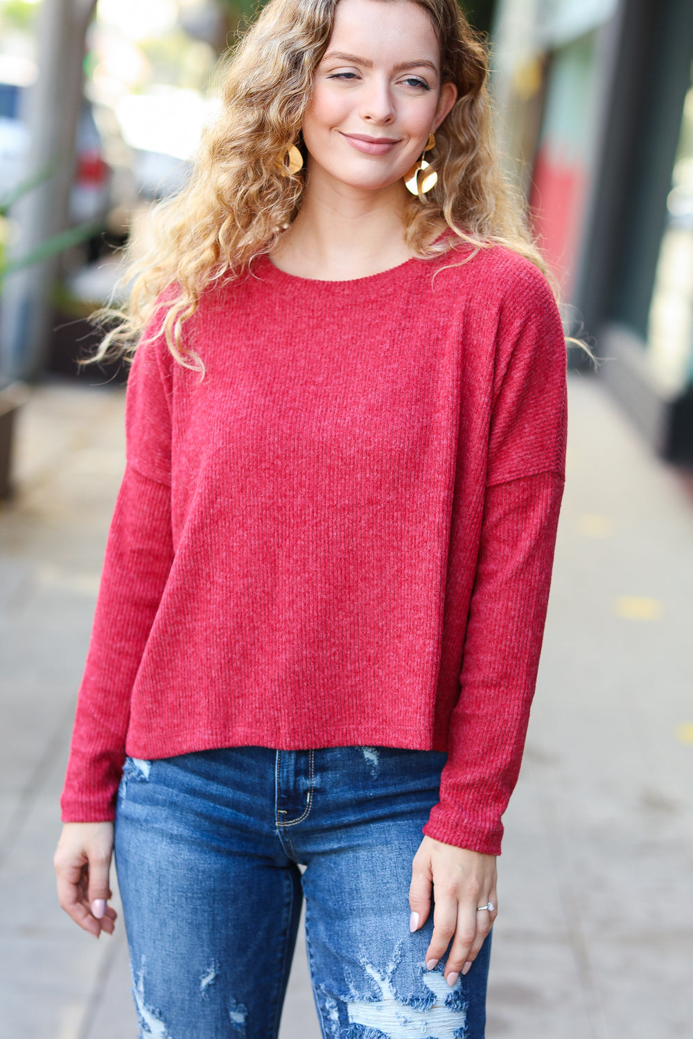 Stay Awhile Red Ribbed Dolman Cropped Sweater