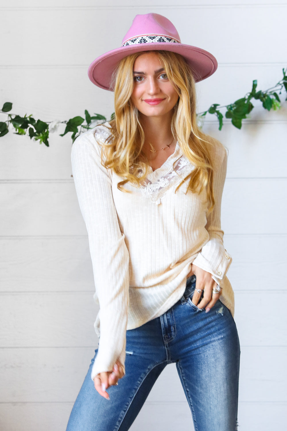 Cream Rib Lace V Neck Button Detail Top