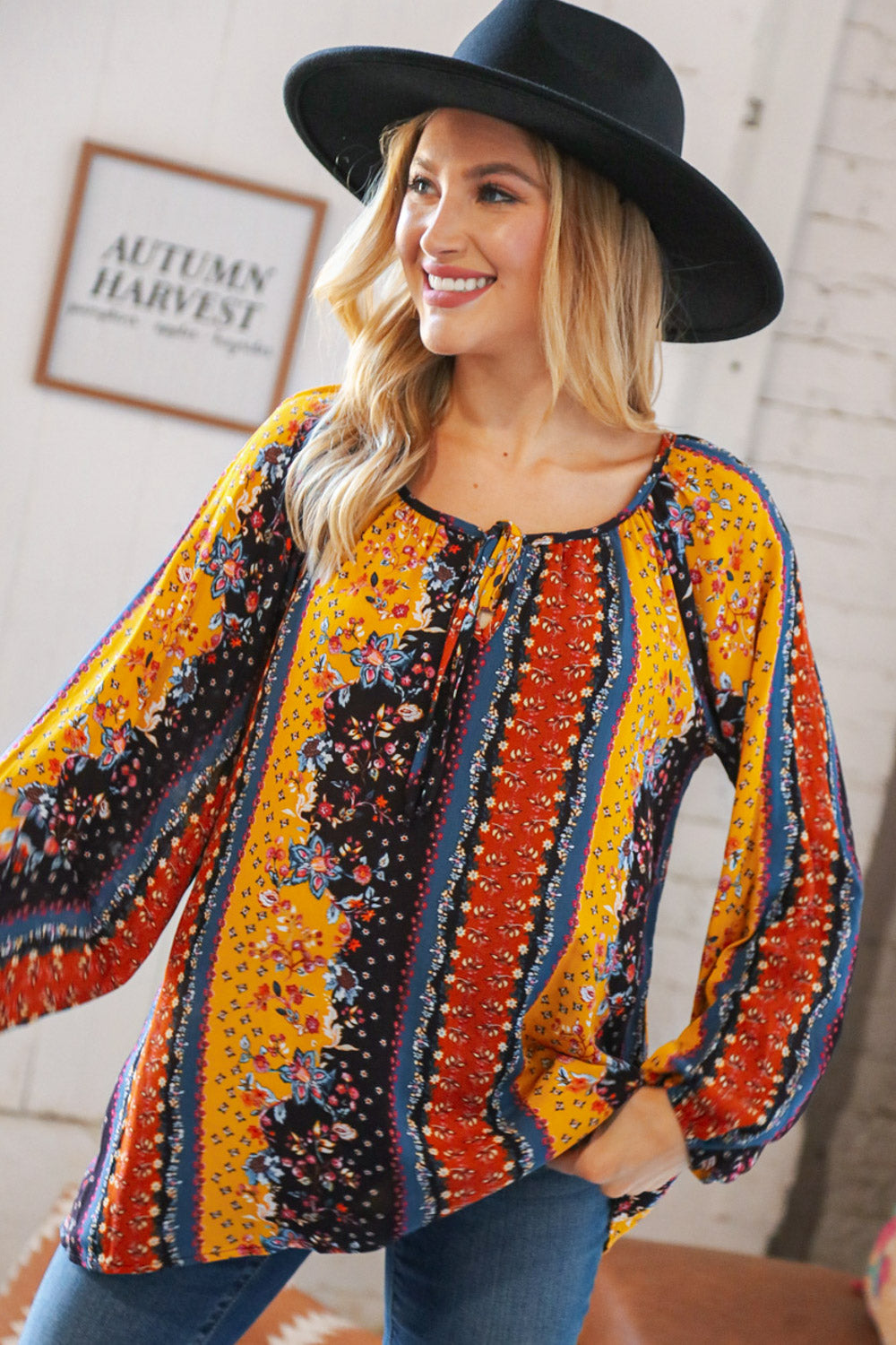 Boho Vertical Floral Front Tie Peasant Woven Blouse