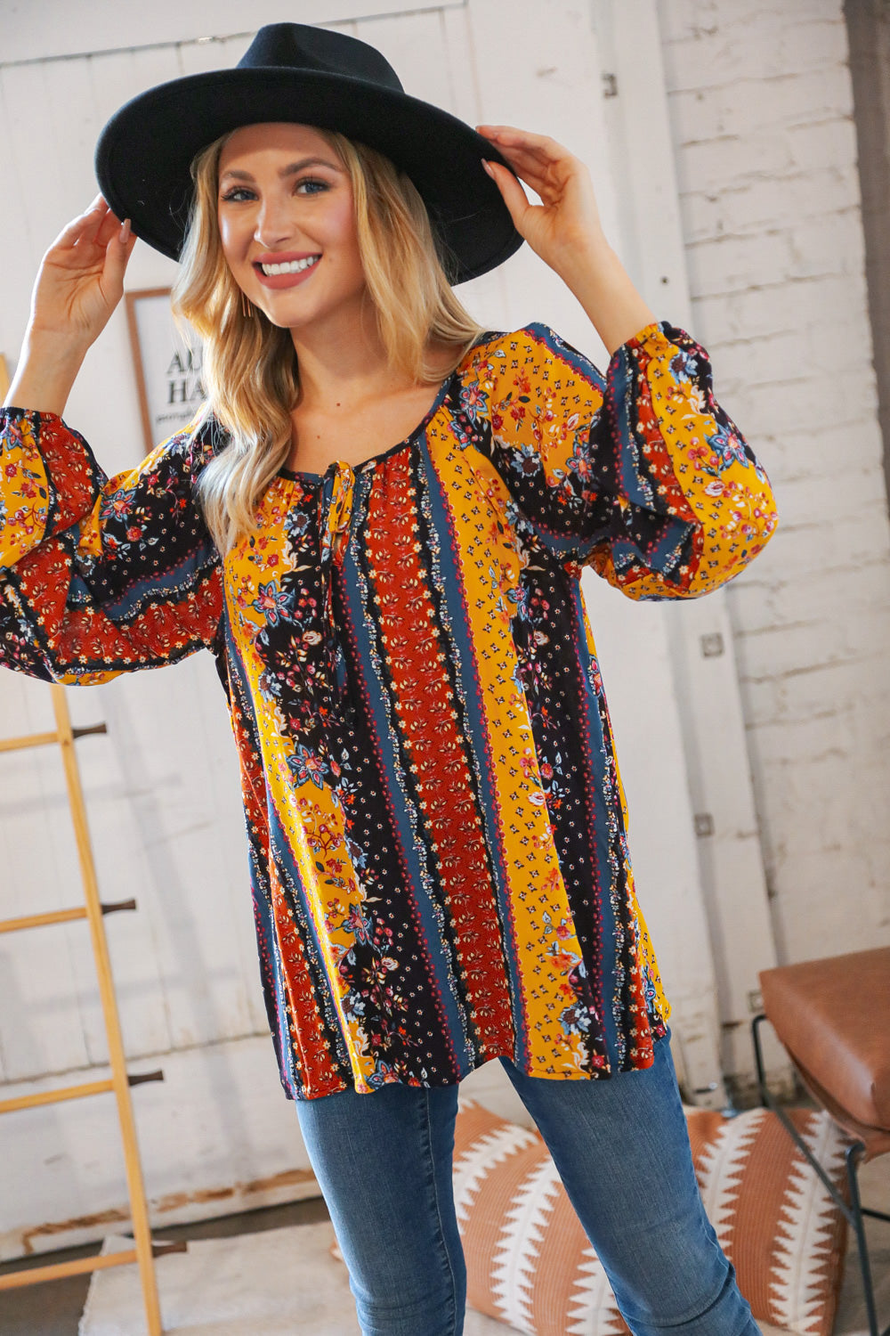 Boho Vertical Floral Front Tie Peasant Woven Blouse