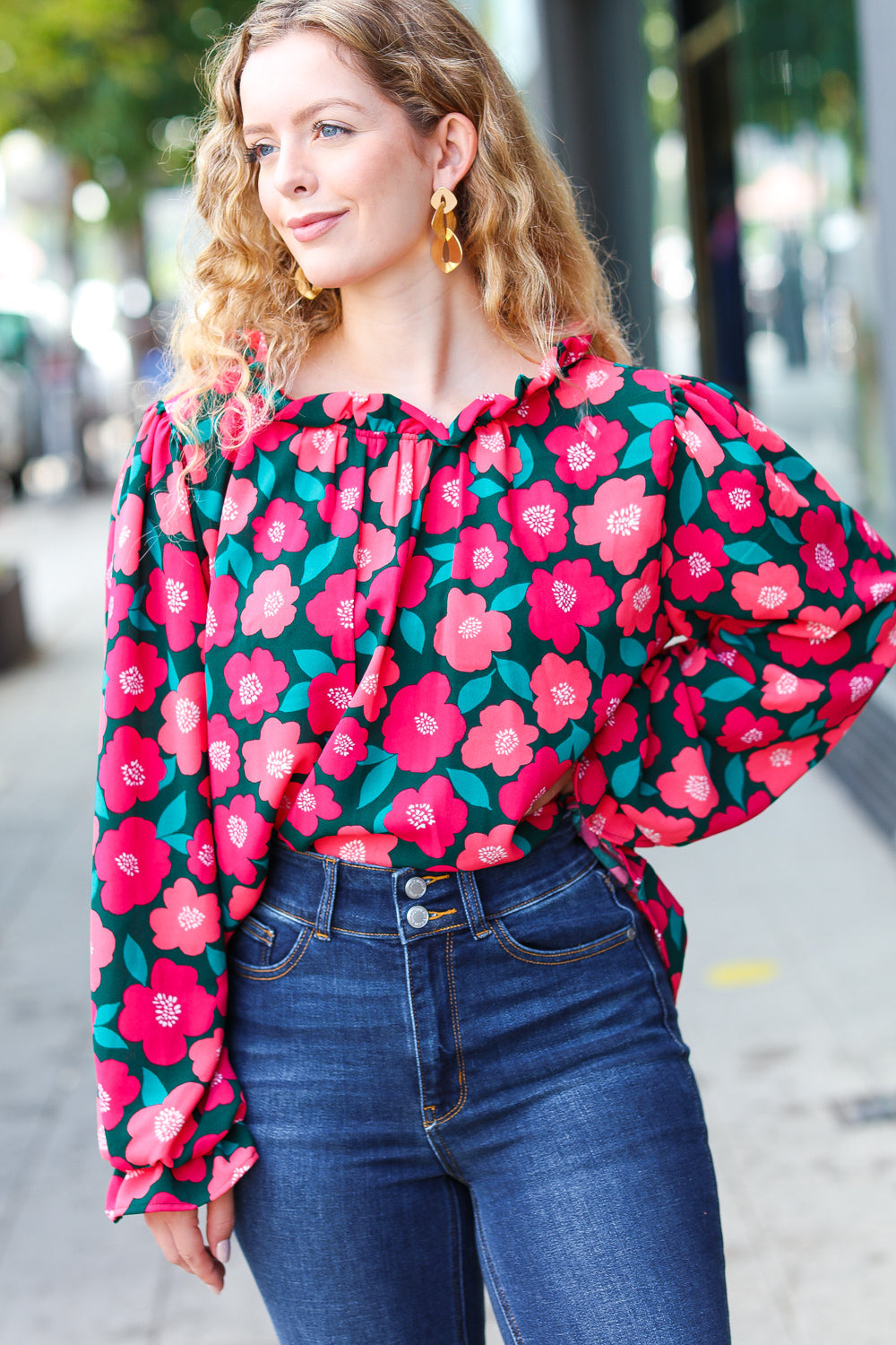 Your Best Days Magenta & Hunter Green Floral Print Frill Neck Top