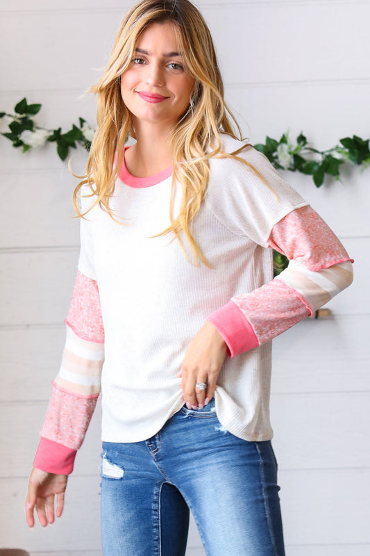 Oatmeal & Coral Slub Rib Floral Color Block Raglan Top