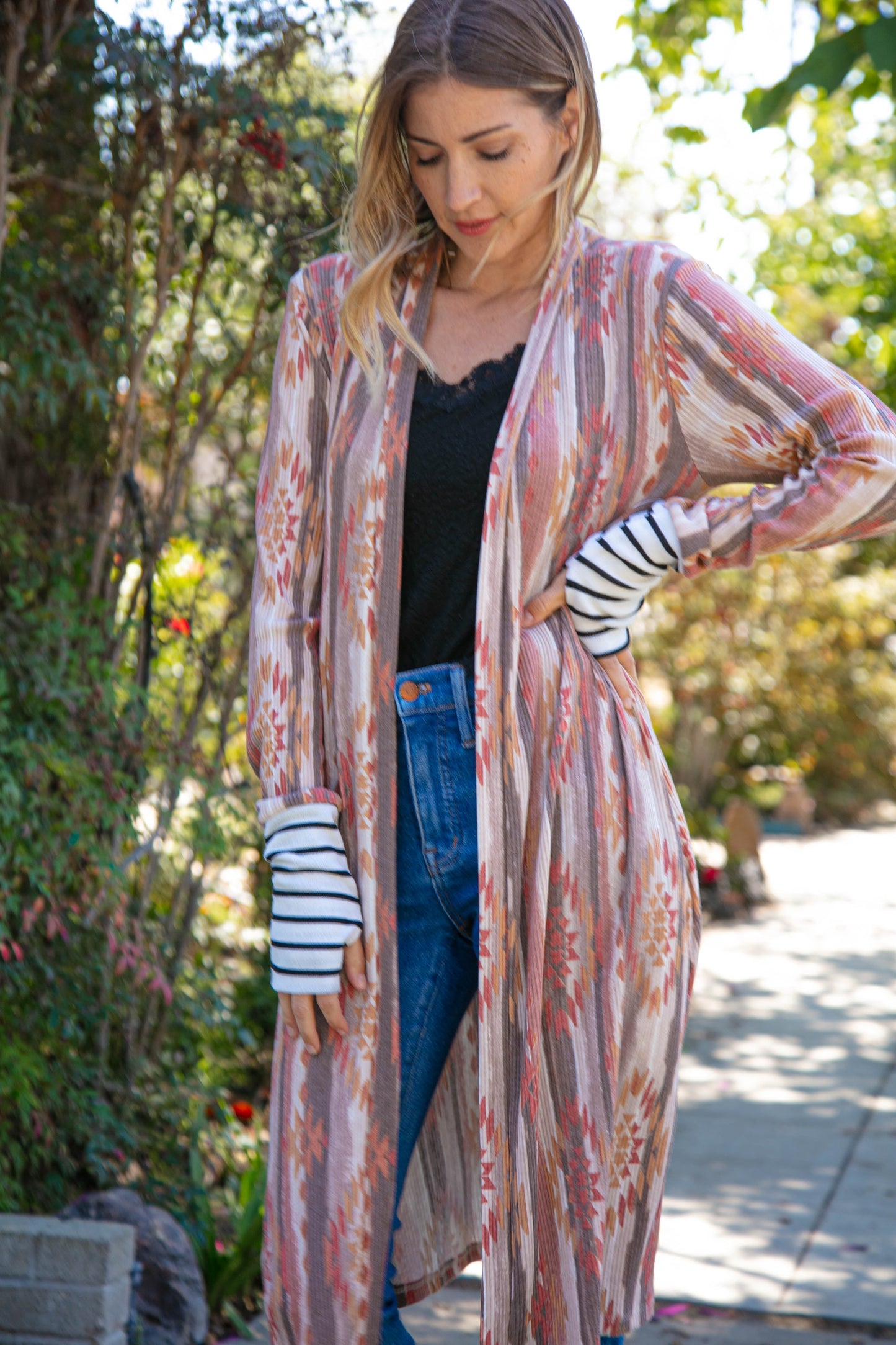 Aztec Printed Stripe Sleeve Open Cardigan