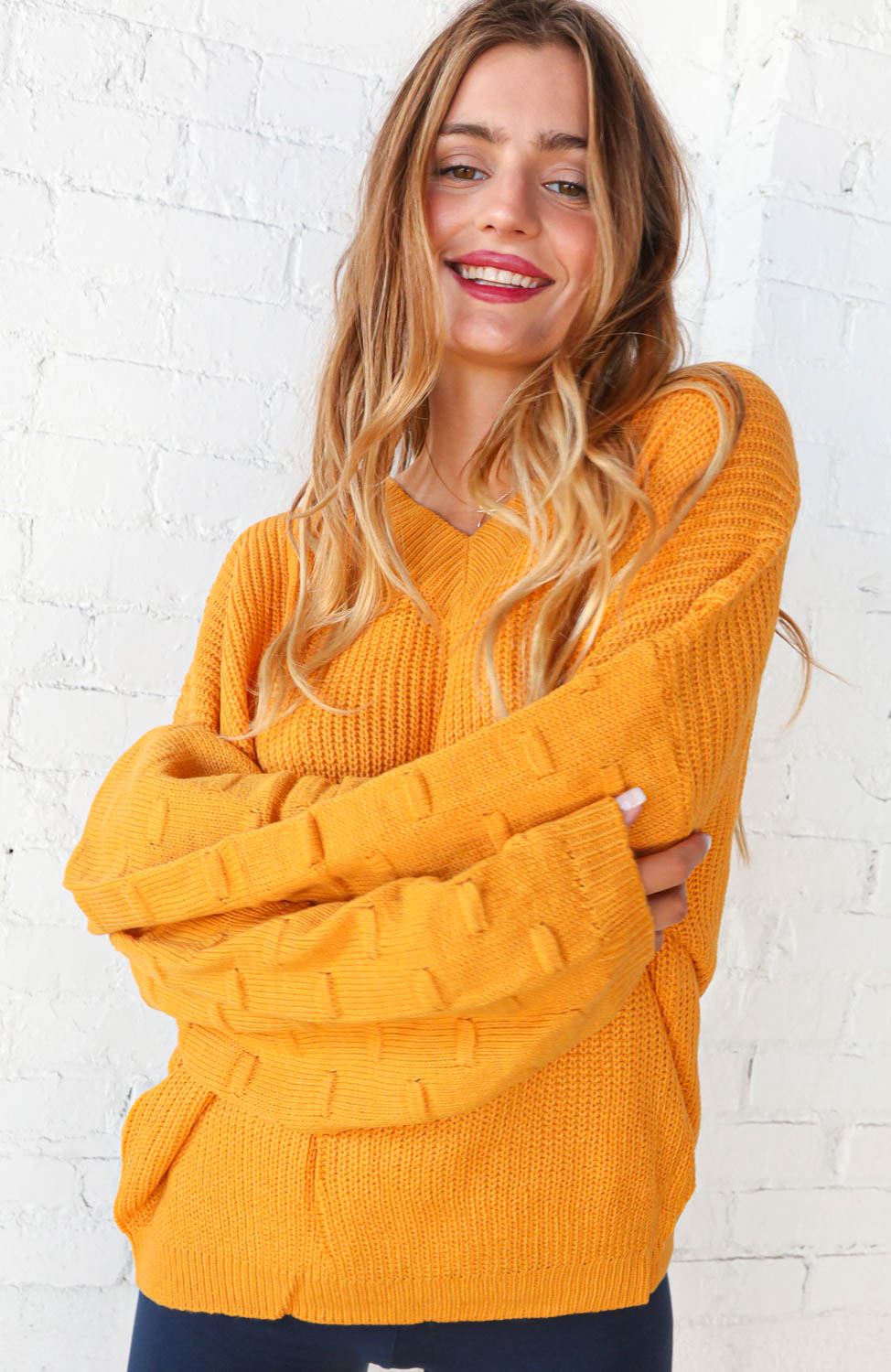 Mustard V Neck Chunky Textured Bubble Sleeve Sweater