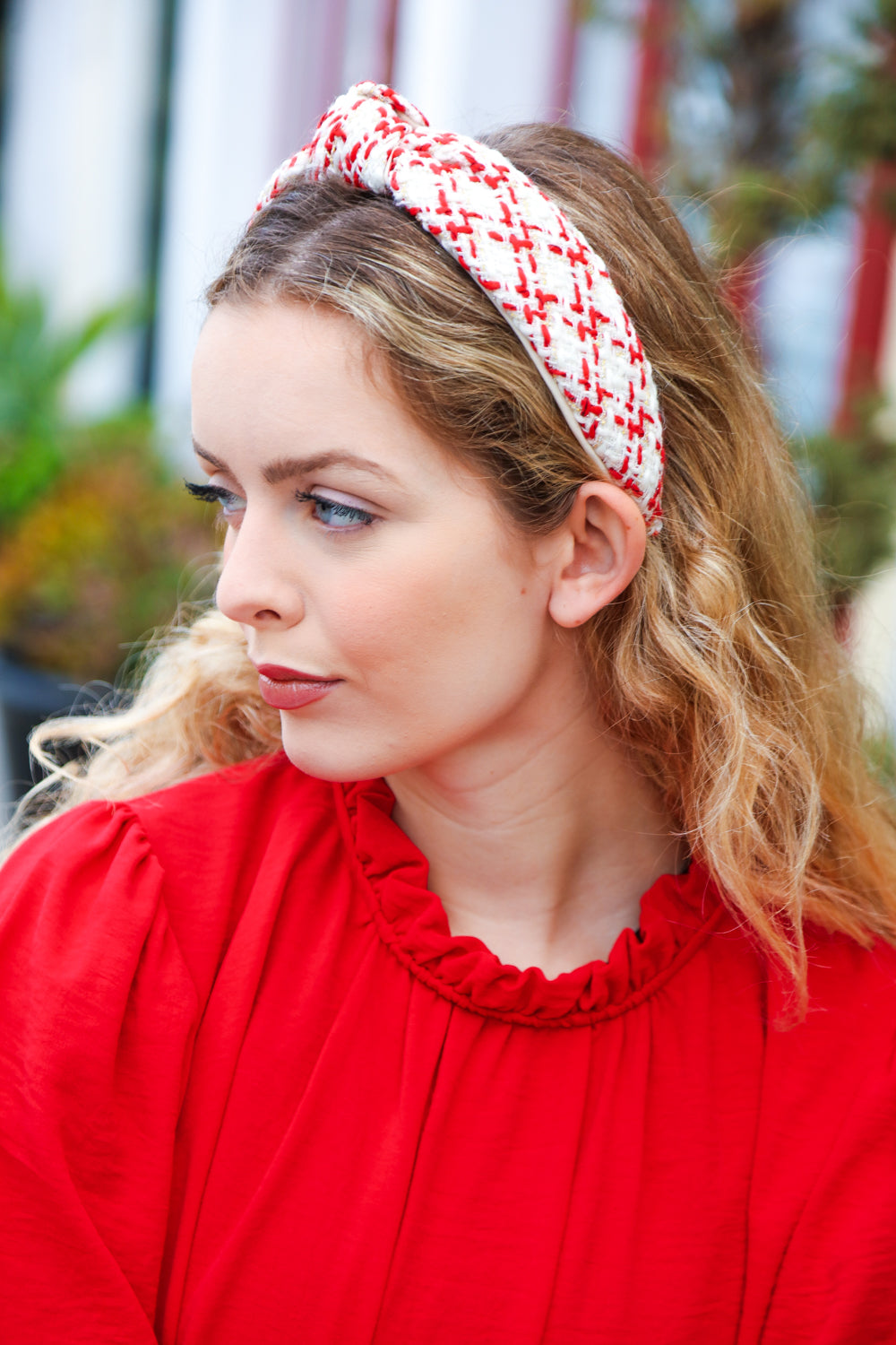 Cream Gold & Red Knit Top Knot Headband