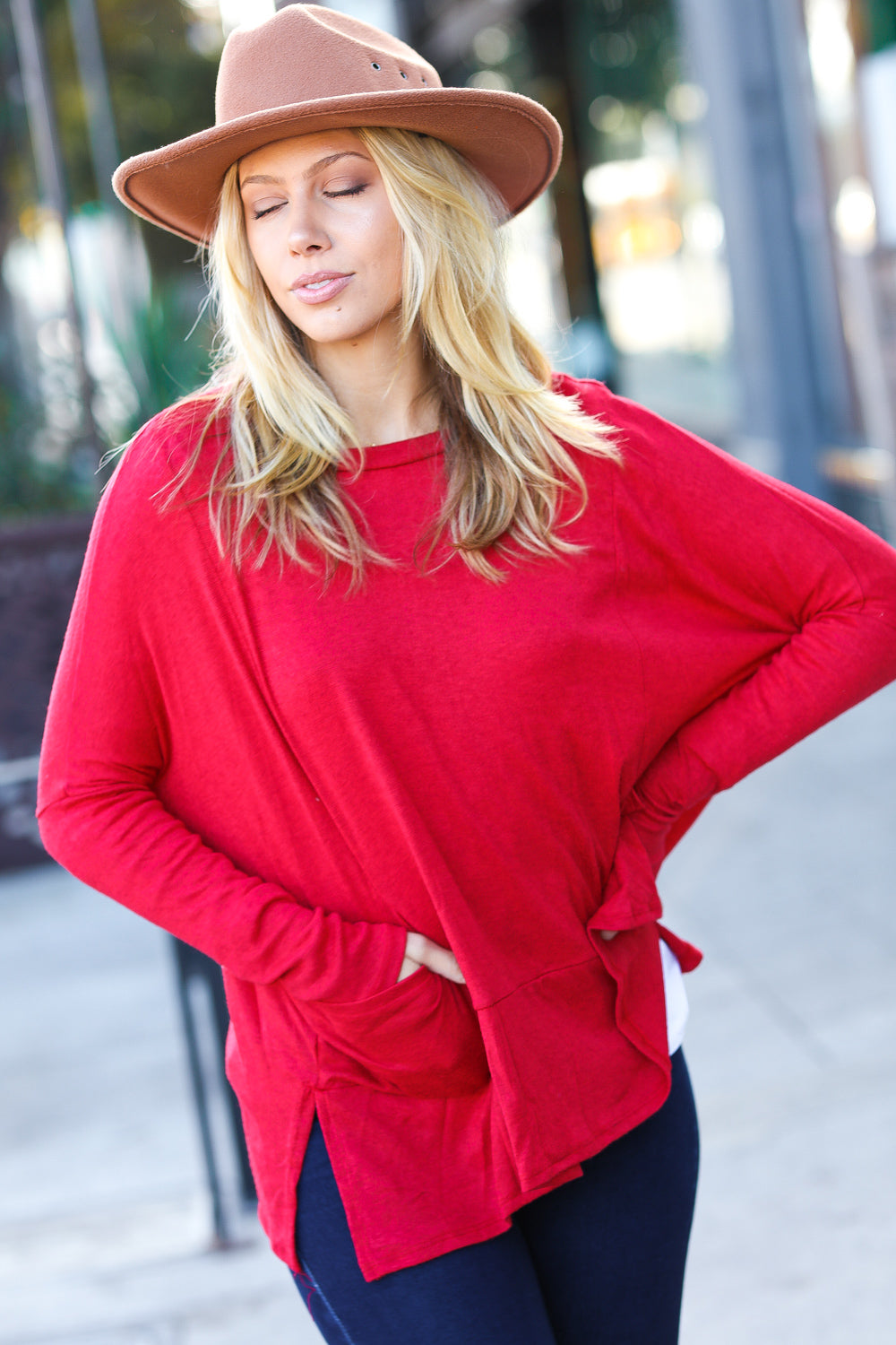 Going My Way Red Hacci Dolman Pocketed Sweater Top