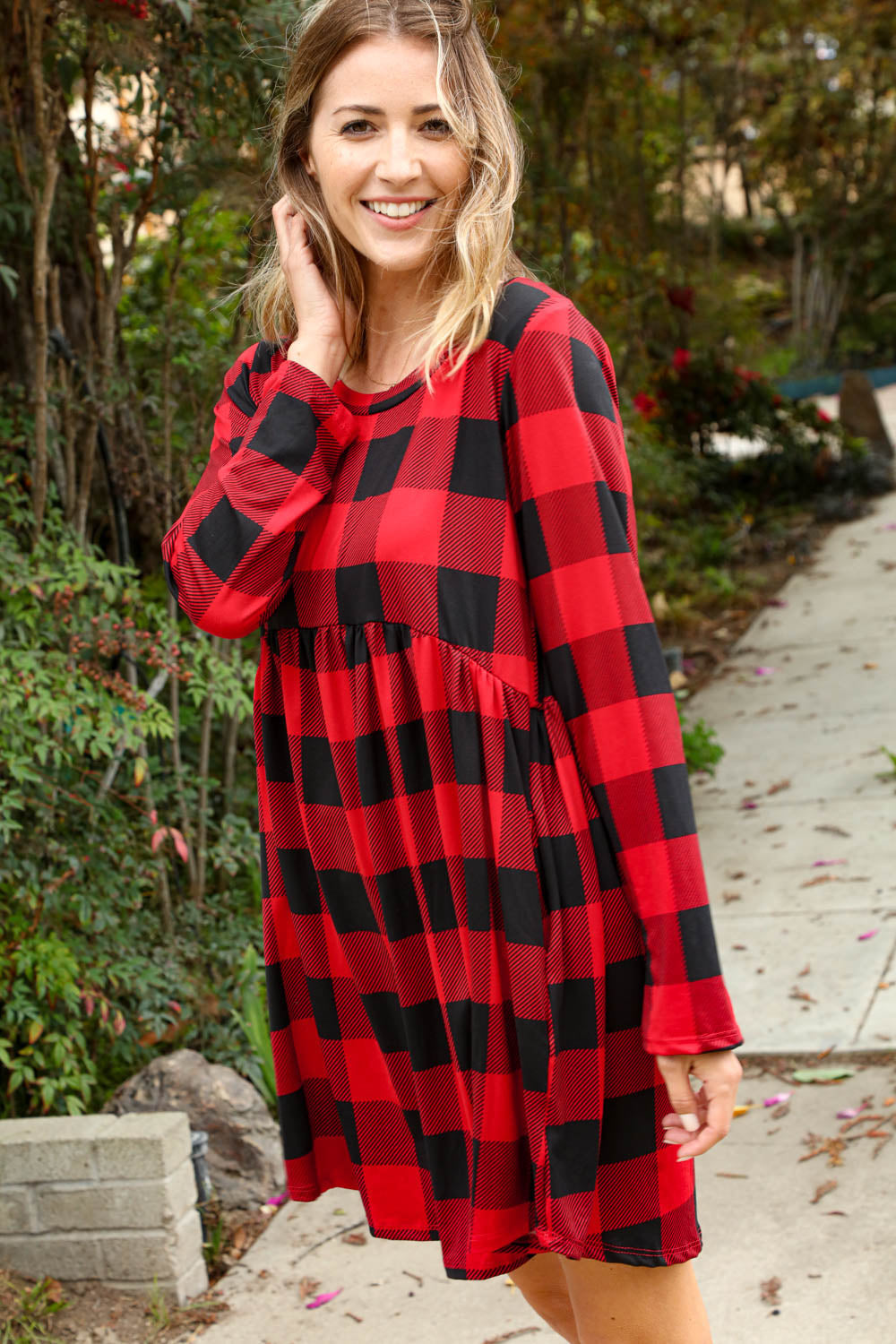 Plaid Babydoll Midi Swing Dress with Pockets