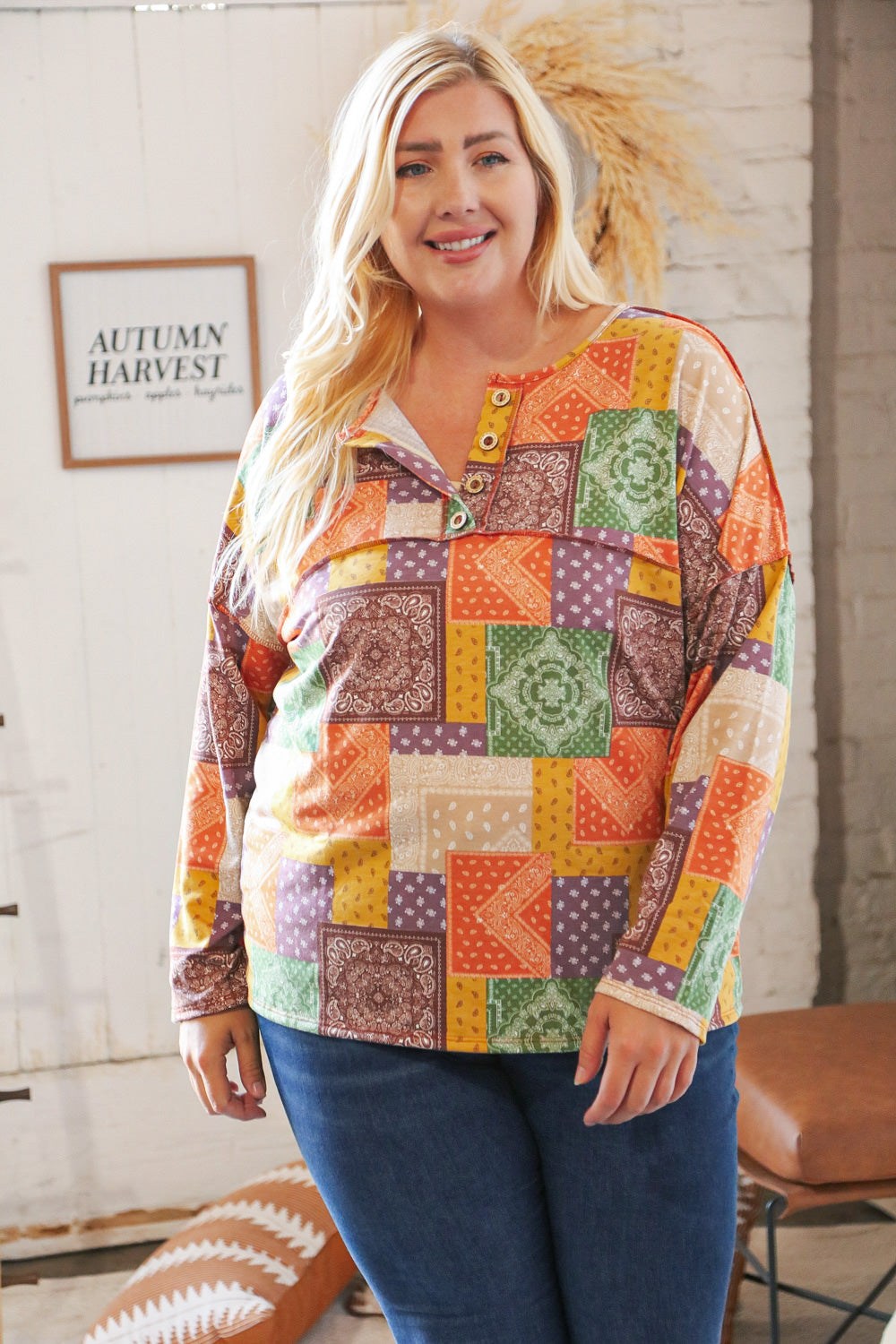 Multicolor Patchwork Button Down Terry Outseam Top