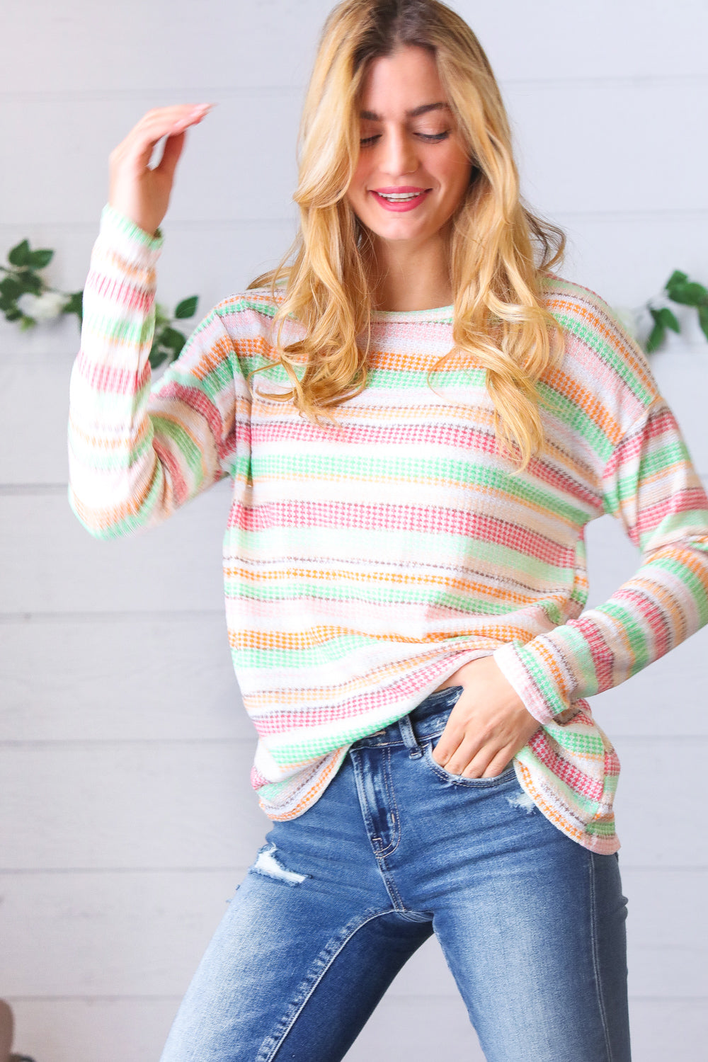 Green Apple & Tangerine Textured Vintage Stripe Top