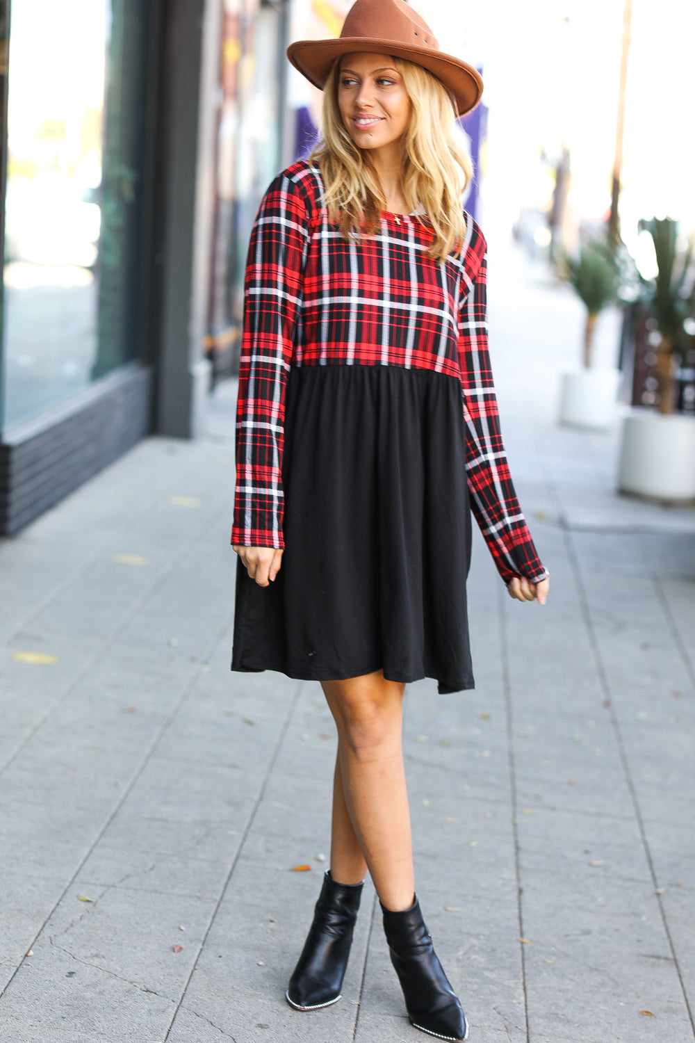 Holiday Plaid Twofer Babydoll Dress