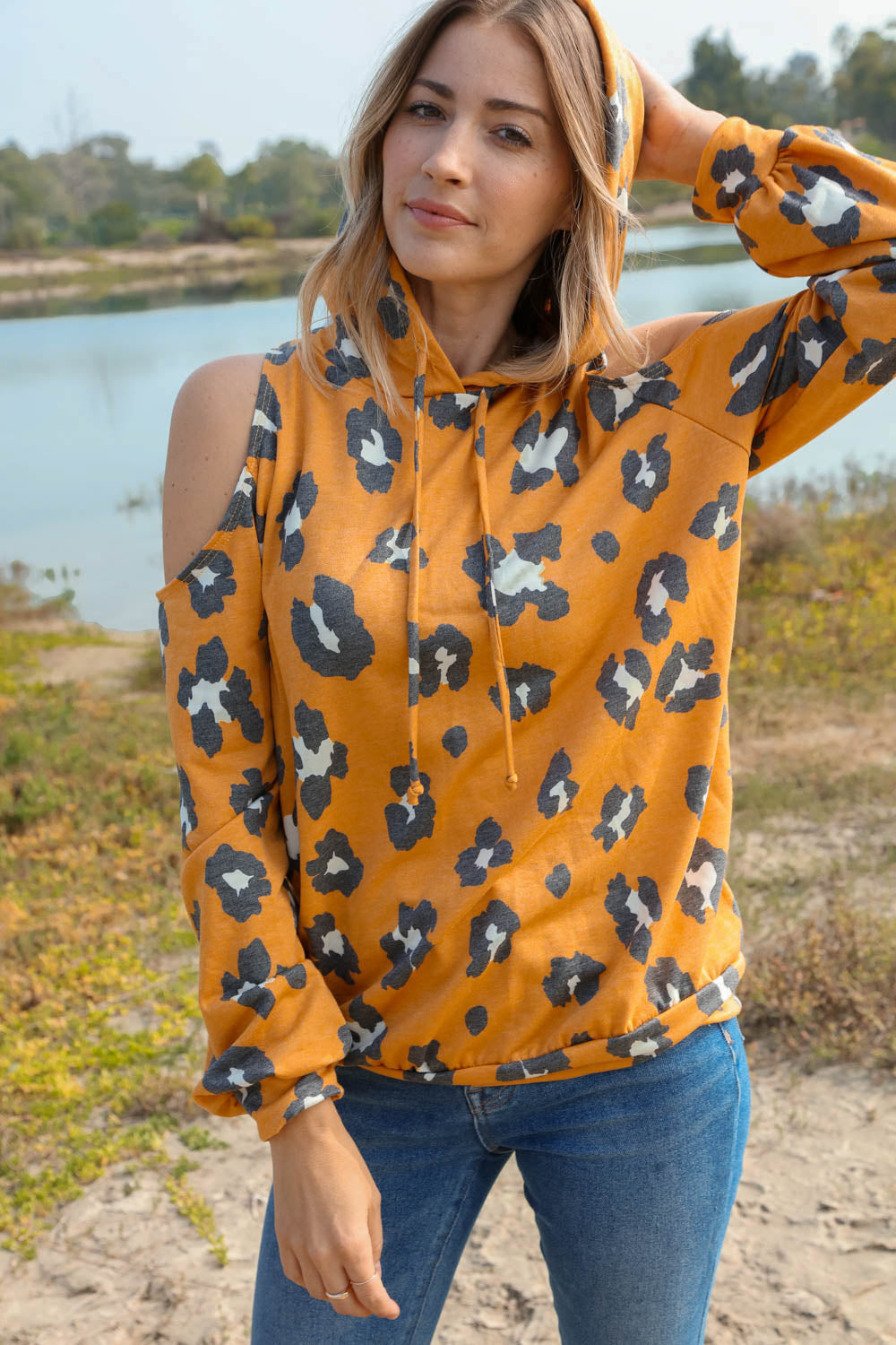 Leopard Print Cold Shoulder Hoodie Top