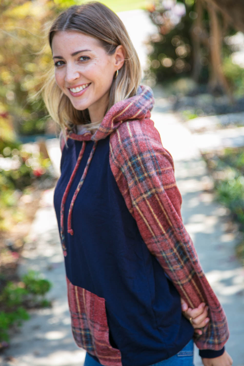 Navy Cashmere Feel Plaid Raglan Hoodie