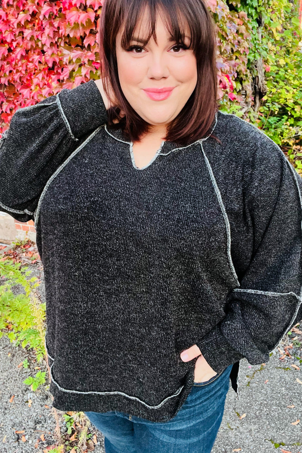 Weekend Ready Charcoal Two Tone Knit Notched Neck Raglan Top