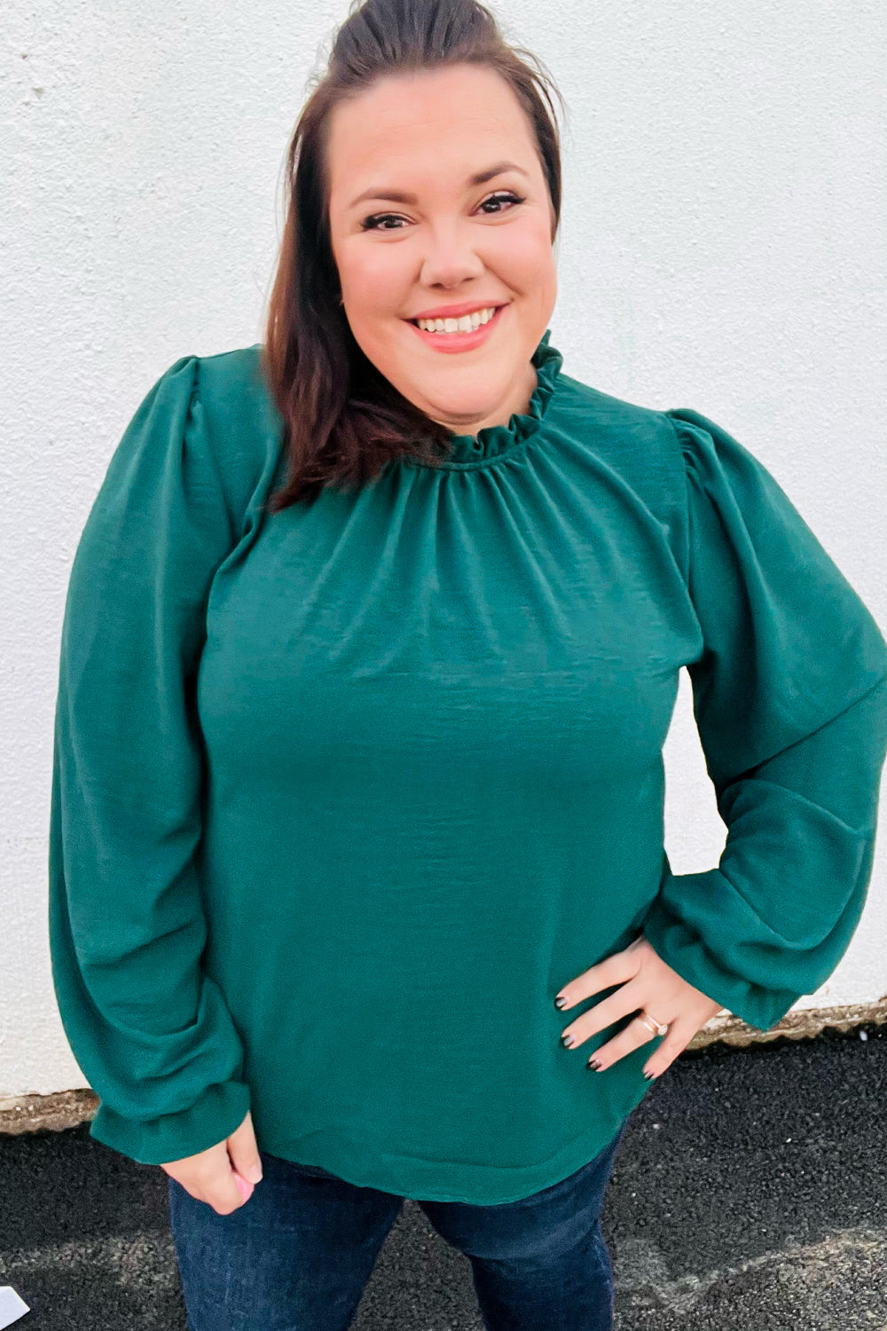 Be Merry Hunter Green Frill Mock Neck Crinkle Top