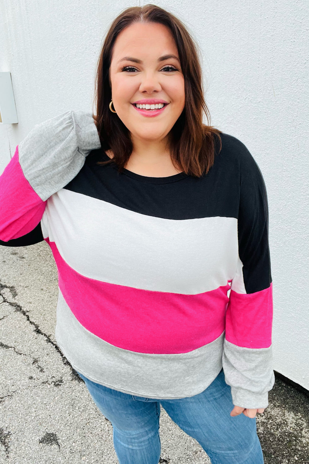 Fuchsia & Black Color Block Hacci Sweater Top