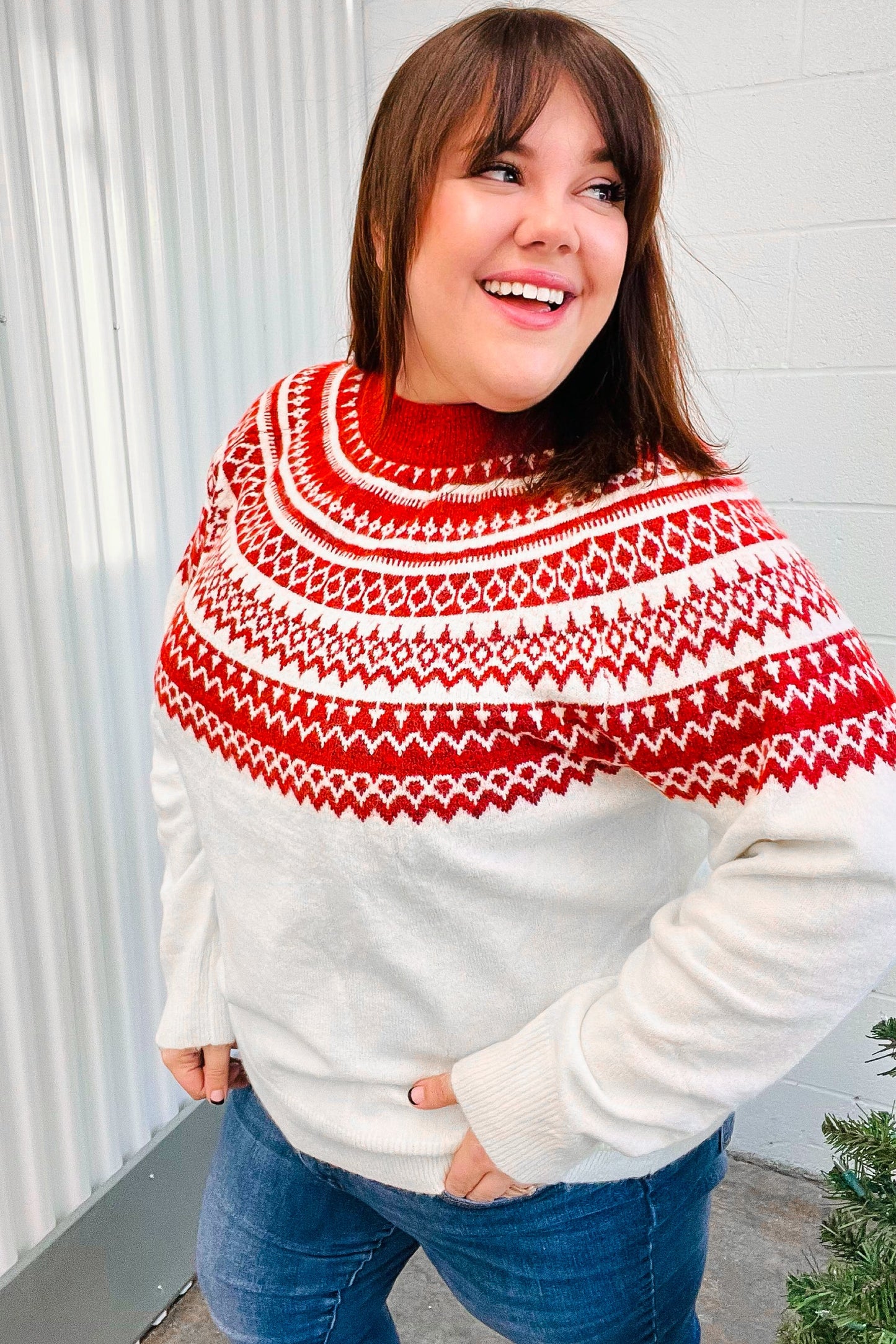 Feeling Festive Ivory & Red Fair Isle Mock Neck Sweater