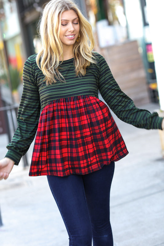 Holiday Plaid Babydoll Color Block Swing Top