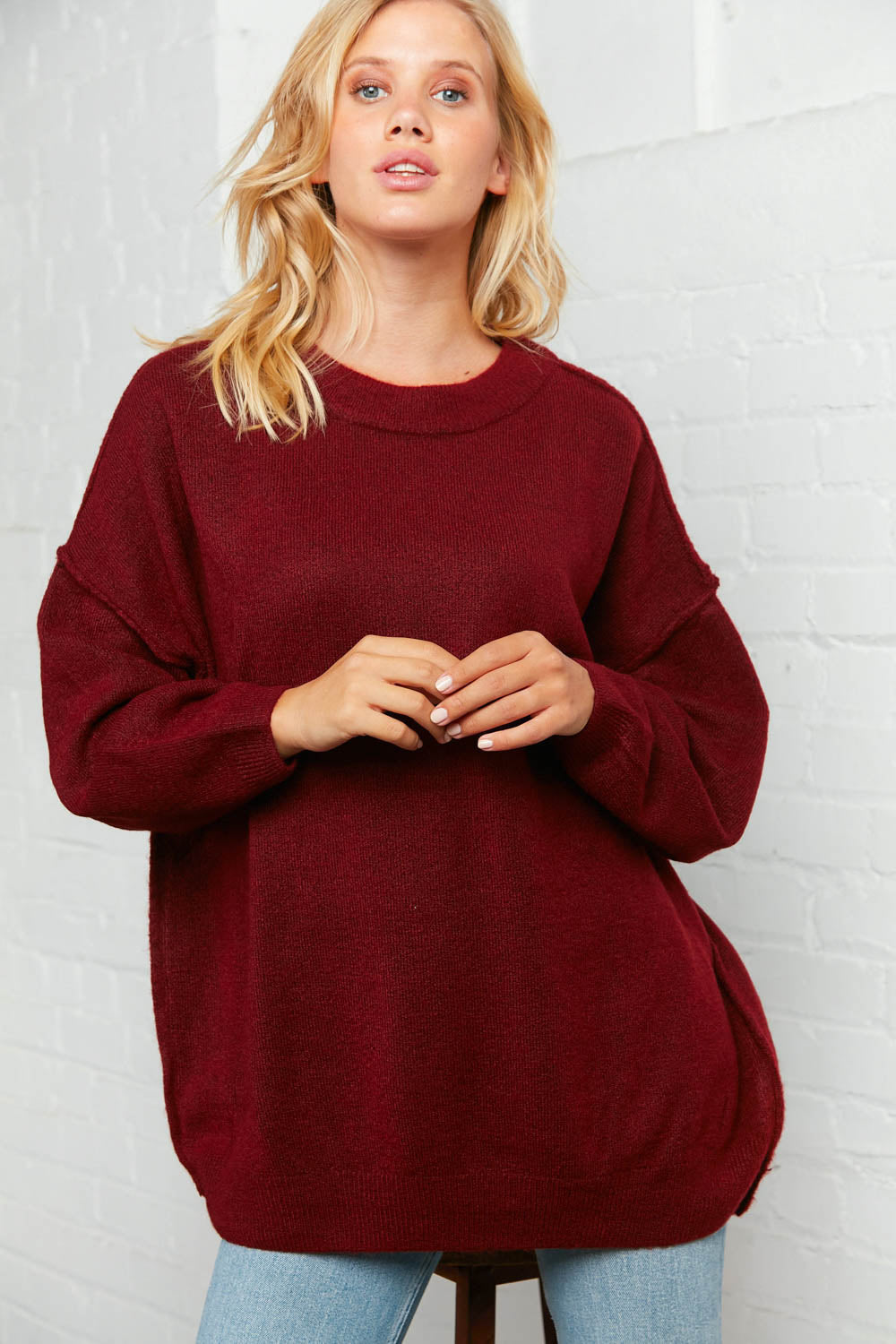 Burgundy Oversized Out Seam Knit Sweater Top