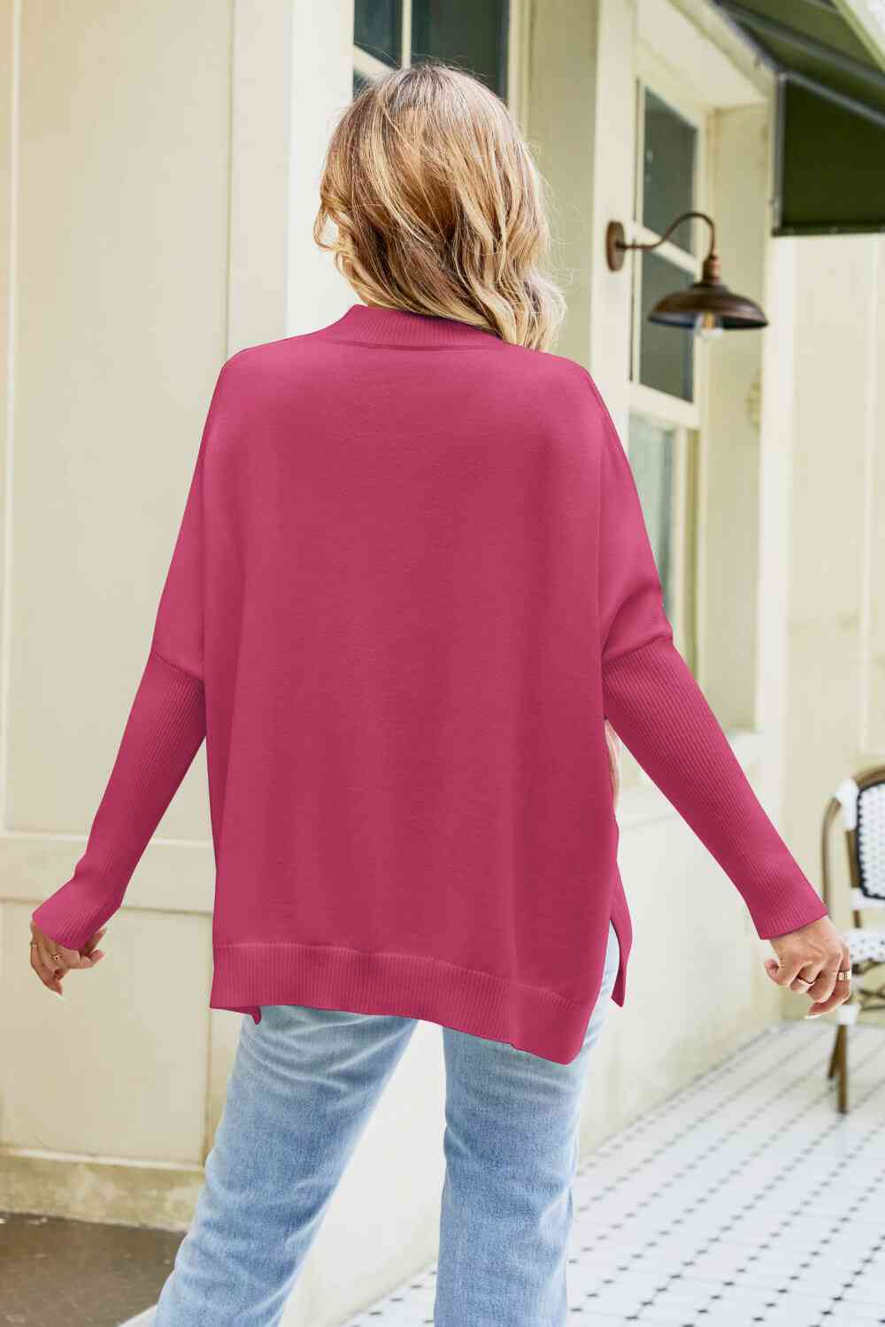 Woven Right Color Block Round Neck Side Slit Sweater