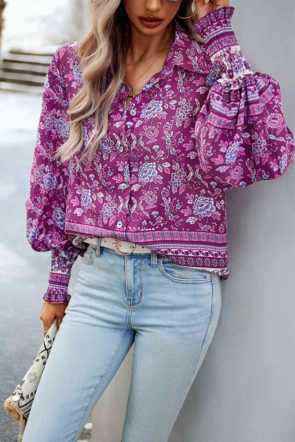 Printed Collared Neck Smocked Lantern Sleeve Shirt