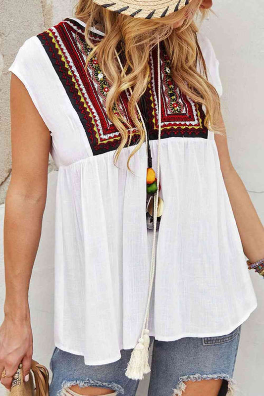 Tassel Tie Neck Ethnic Print Blouse