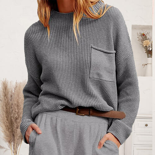 Ribbed Dropped Shoulder Sweater with Pocket