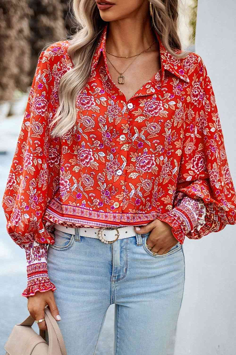 Printed Collared Neck Smocked Lantern Sleeve Shirt