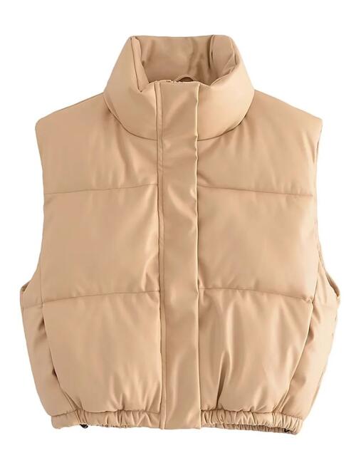 PU Leather Cropped Zip Up Drawstring Vest