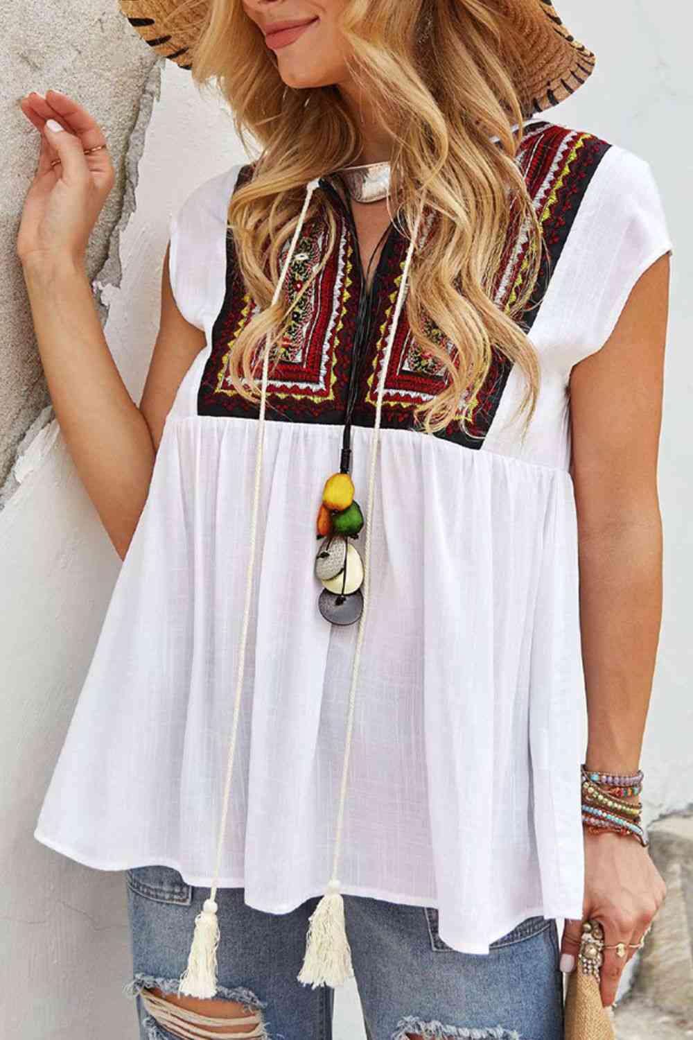 Tassel Tie Neck Ethnic Print Blouse