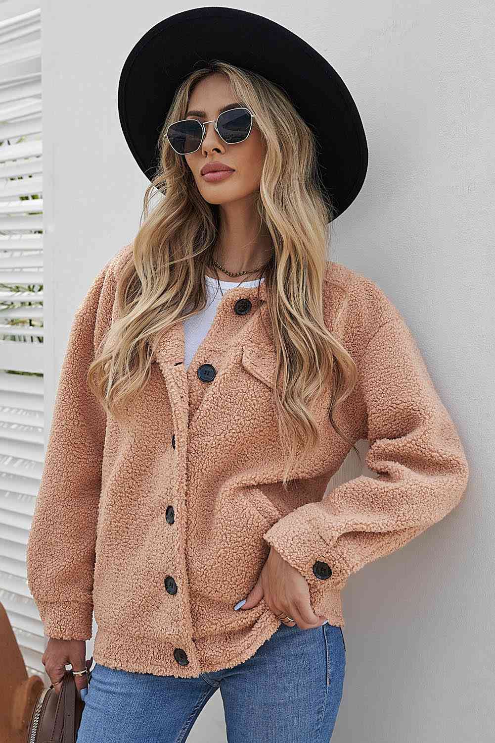 Double Take Button Front Drop Shoulder Collared Sherpa Jacket