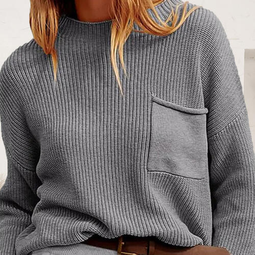 Ribbed Dropped Shoulder Sweater with Pocket