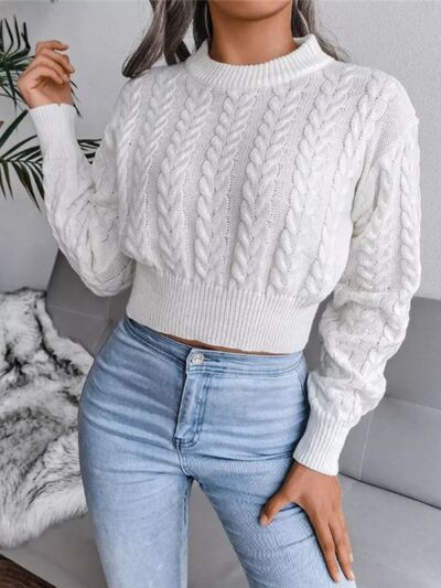 Cable-Knit Round Neck Cropped Sweater