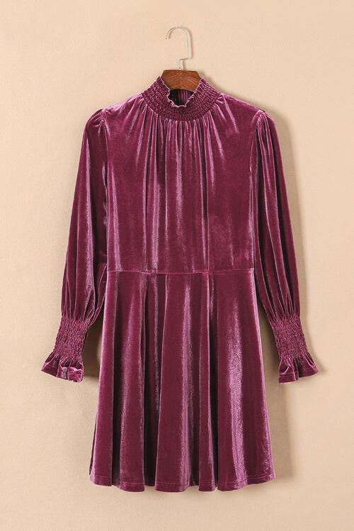 Smocked Mock Neck Long Sleeve Dress