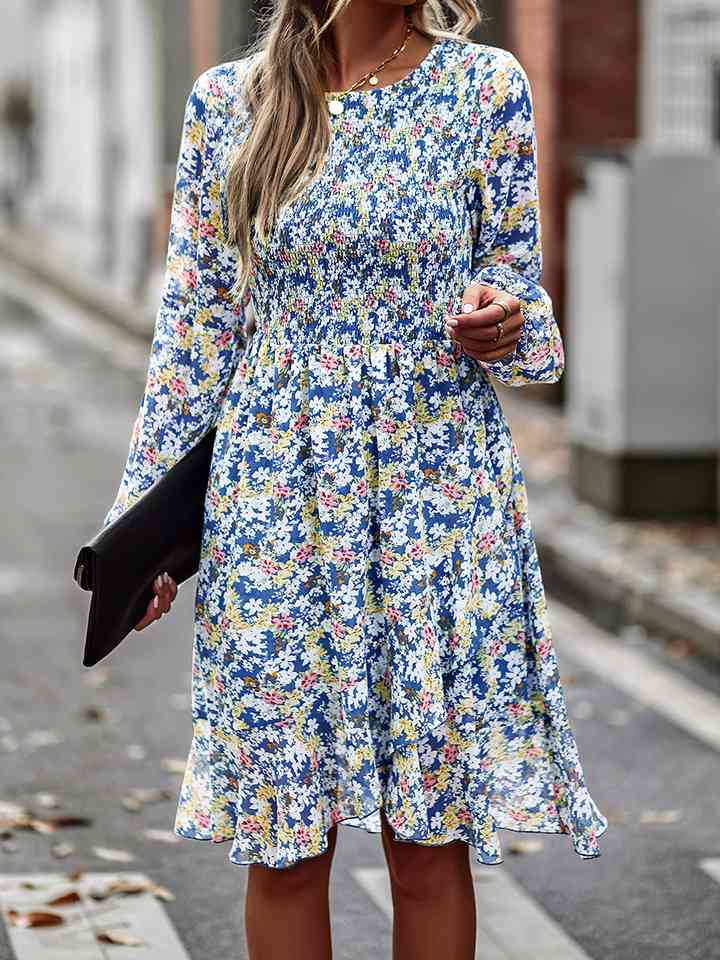 Printed Round Neck Long Sleeve Smocked Dress