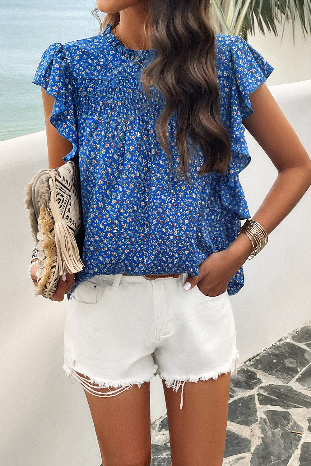 Smocked Printed Mock Neck Cap Sleeve Blouse