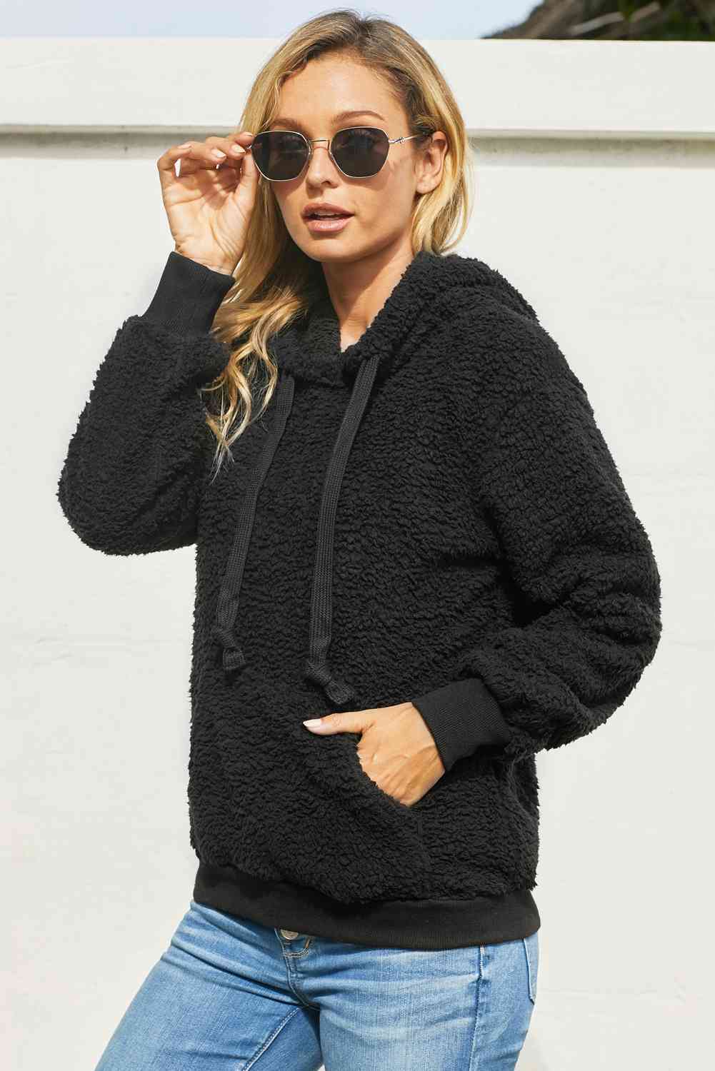 Drawstring Sherpa Hoodie with Pocket