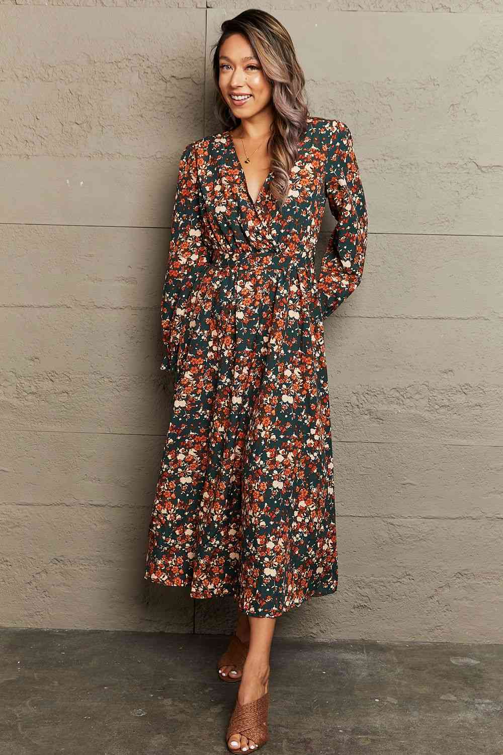 Printed Surplice Neck Long Sleeve Dress