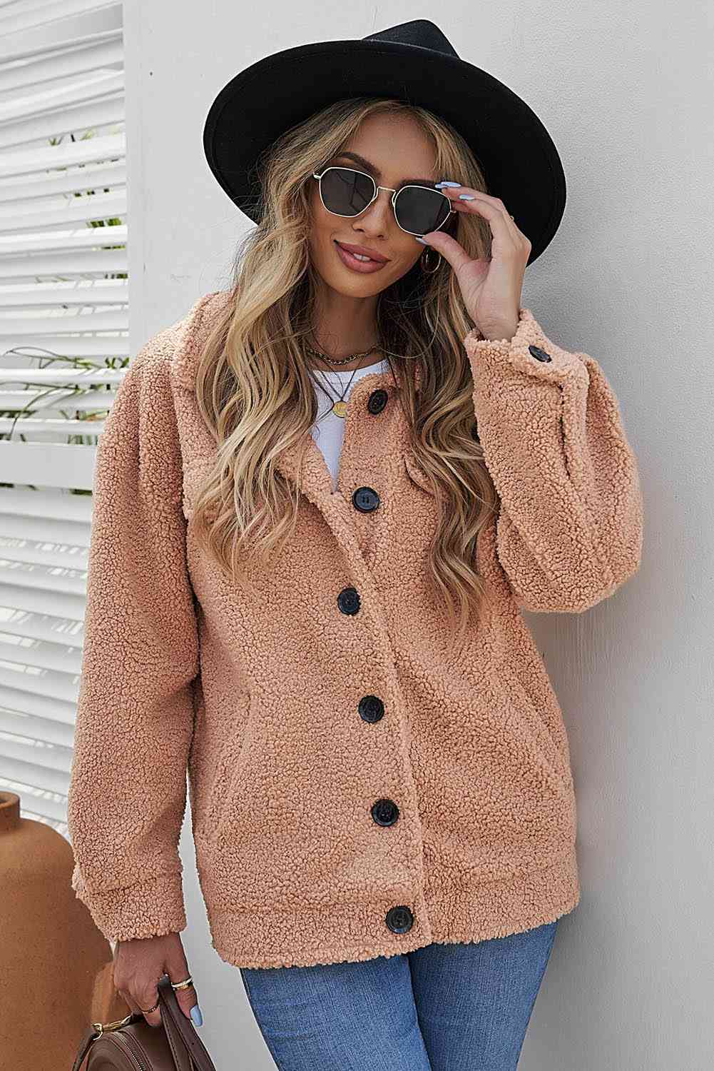 Double Take Button Front Drop Shoulder Collared Sherpa Jacket